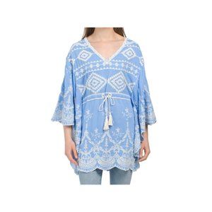 Solitaire NWT Sky Blue/White Embroidered Cinched Waist Tunic, Size Medium